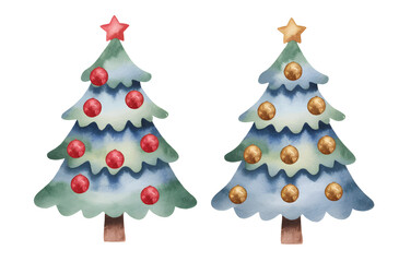 Christmas tree collection glowing with festive winter charm. Watercolor set of cartoon Christmas trees.