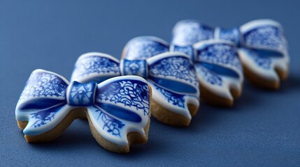 Naklejka premium Iced bell and bow cookies arranged in a semicircle on matte navy surface, bold contrast with copy area