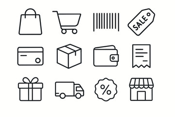 Minimalist shopping icons set featuring bags, cart, barcode, sale, and more