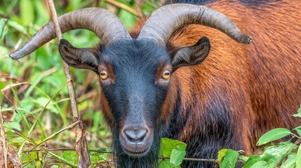 Close-up of a goat with striking amber eyes and impressive, curved horns, amidst foliage