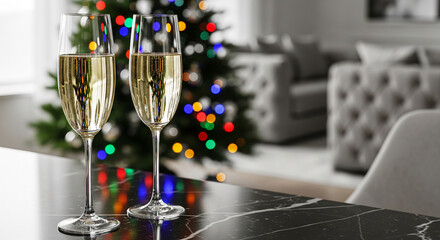 Two glasses with light-yellow drink stand on dark table; Christmas tree in background with colorful lights, symbolizing celebration, holiday cheer