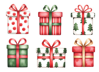 Festive watercolor gift box collection in soft holiday hues. Cozy Christmas parcels wrapped in soft festive magic.