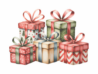 Festive watercolor gift box collection in soft holiday hues. Cozy Christmas parcels wrapped in soft festive magic.