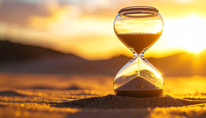 Golden Hour's Passage: An hourglass stands as a stark reminder of time's ceaseless flow, its golden sand mirroring the warm hues of a setting sun. This serene moment evokes themes of reflection.