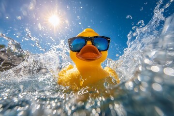Yellow rubber duck wearing sunglasses in water with sun shining above, concept for summertime fun, vacation and travel advertising