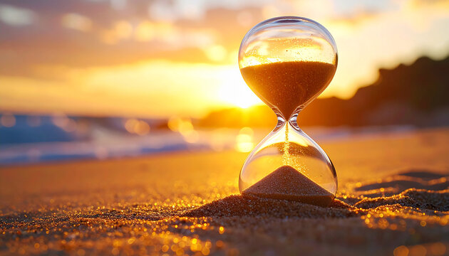 Eternal Passage: An hourglass sits poised on the sun-kissed sands of the shore, with the endless sunset in the distance, capturing the delicate flow of time. - Powered by Adobe