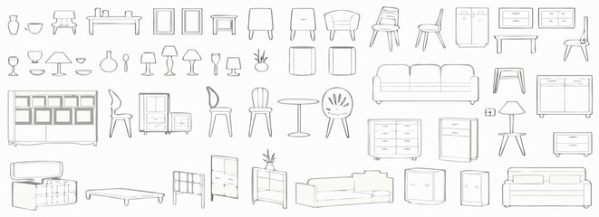 Obraz premium Furniture outline front and top view architectural designs. Set of isolated linear interior icons. Vector elements for apartments, living room, bedroom, kitchen, bathroom.