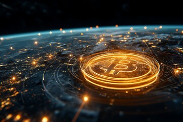 Glowing Bitcoin symbol above the earth with city lights at night, concept for digital finance, global economy and cryptocurrency trading
