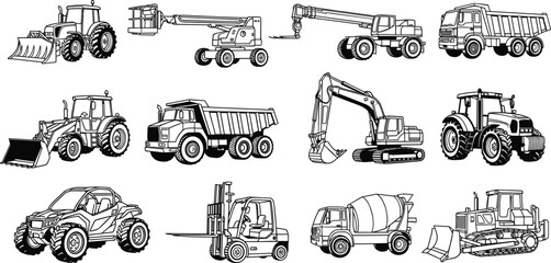 Heavy construction vehicles outline illustration set including excavators, dump trucks, tractors, bulldozers, loader machines for industrial building and engineering projects © MstRokshana