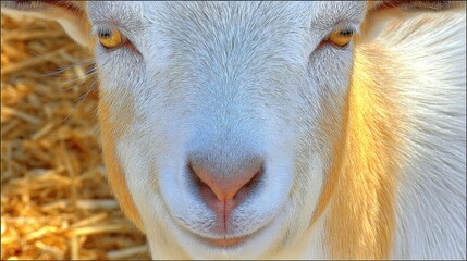 Close-up of a goat's face, showcasing its eyes, nose, and white fur with yellow accents