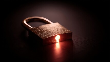 Close-up of a golden padlock with an illuminated keyhole, set against a dark, wooden backdrop