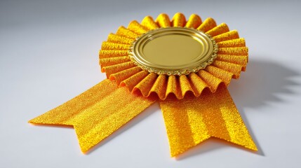 Close-up of a golden award ribbon, with a circular center, set against a white background