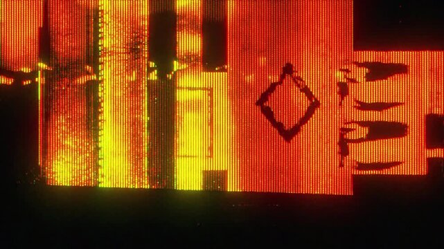 4K cyberpunk glitch texture with red matrix grid and distorted symbols, digital signal interference and compression artifacts, abstract sci-fi motion design overlay with flickering pixel noise and VHS