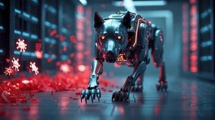 Robotic dog prowls a neon-lit server corridor with glowing red data fragments and cybernetic plating detailed with illuminated circuits and sensors, evoking high-tech surveillance and futuristic secur - Powered by Adobe