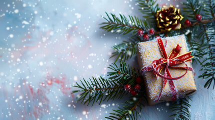 Festive glittery present ornament nestled in green pine branches, symbolizing holiday spirit, Christmas celebration, and winter decoration.
