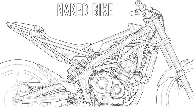 Detailed line art of a naked bike showcasing its mechanical components clearly