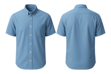 Light blue short sleeve button up shirt front and back view for mockup isolated on transparent background