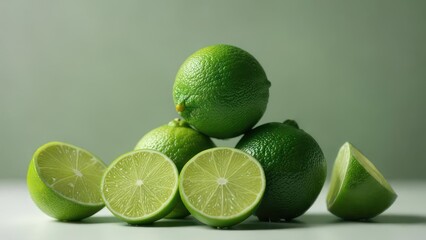 Green limes and lime slices on white surface