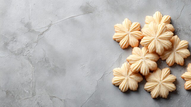 Swedish-style holiday butter cookies on pale gray stone, elegant minimalism with copy space