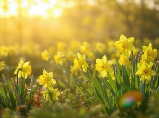 Fototapeta premium Bright Yellow Daffodils Blooming in Springtime Sunlight at Dawn