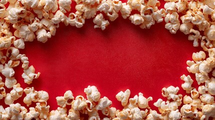 Close-up of popcorn scattered around a vibrant red background, creating a tempting border, concept for movie nights, snack advertising and cinema promotions