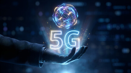 Professional hand holding glowing neon 5G technology symbol above a futuristic digital network sphere