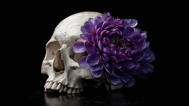 A skull adorned with a vibrant purple flower, symbolizing the fleeting nature of life and beauty