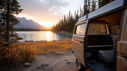 A vintage van parked by a serene lake at sunset, surrounded by mountains and pine trees, evoking a sense of adventure and tranquility.