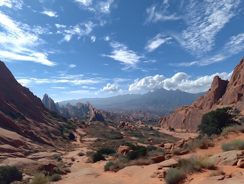 Breathtaking panorama of red rock formations under a vibrant blue sky, mountain background - Powered by Adobe