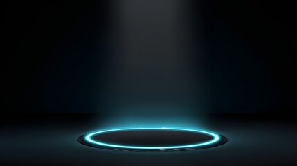 Futuristic glowing blue circular platform illuminated by dramatic spotlight in dark sci-fi technological environment