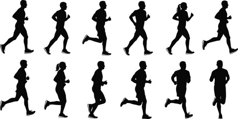 Running athletes silhouette set, jogging men and women exercising, fitness workout poses, marathon training, sport activity movement icons collection