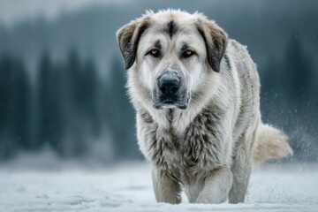 Naklejka premium Great pyrenees dog walking through deep winter snow