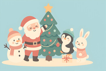 Fototapeta premium A colorful illustration of Santa Claus, a snowman, a penguin, and a rabbit standing around a decorated Christmas tree on a beige surface against a light blue background.