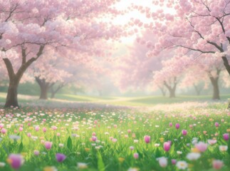 Fototapeta premium Serene Spring Landscape with Blooming Cherry Blossom Trees