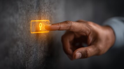 Close-up of a hand pressing a lit, glowing button featuring a keyhole icon on a rough surface