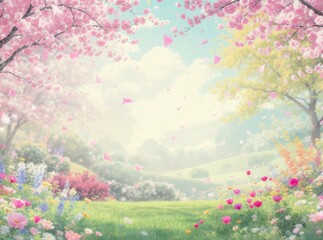 Serene Spring Landscape with Cherry Blossoms and Colorful Flowers