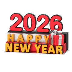 Festive 3D Rendering Happy New Year 2026 with Gift Box Decoration