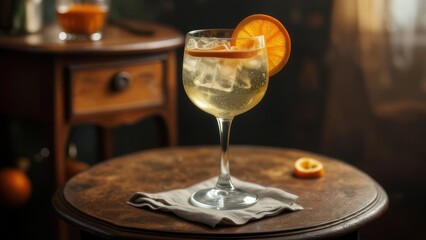 Refreshing Citrus Spritzer with Orange Garnish on Rustic Table