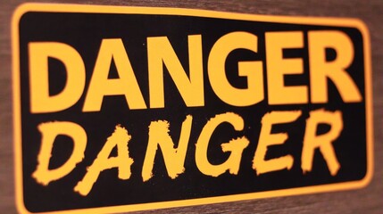 Close-up of a hazard warning sign with repeating "DANGER" text in bold yellow letters