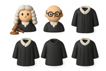 Legal icon collection featuring judge, lawyer, gavels, and robes for judicial and law designs