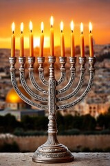 Obraz premium Hanukkah menorah illuminating jerusalem at sunset