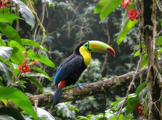 Fototapeta premium Vibrant Toucan Perched on a Branch Surrounded by Lush Greenery