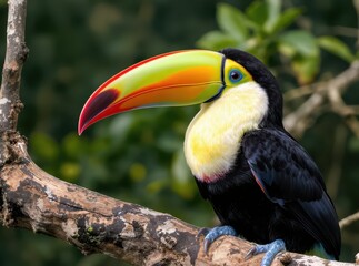 Fototapeta premium Colorful toucan perched on a branch in lush foliage environment