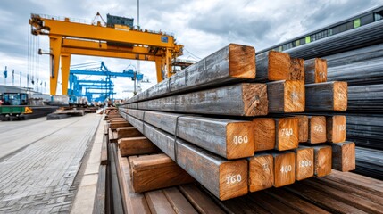 Steel billets awaiting transport at industrial port storage area