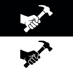 Black silhouette of a human hand gripping a hammer isolated on Black & white background