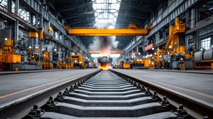 Fototapeta premium Steel mill interior with train tracks leading to production