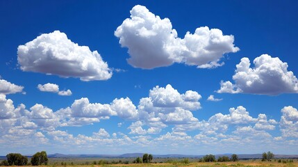 Fototapeta premium Bright blue sky with fluffy white clouds over dry grassy land and distant hills