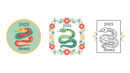 Three distinct artistic representations of the 2025 chinese zodiac snake symbol for lunar new year celebrations
