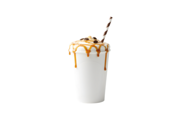 A plain white paper cup, offering excellent space for a logo, filled with caramel macchiato. Topped with caramel. A delicious and sweet coffee beverage.