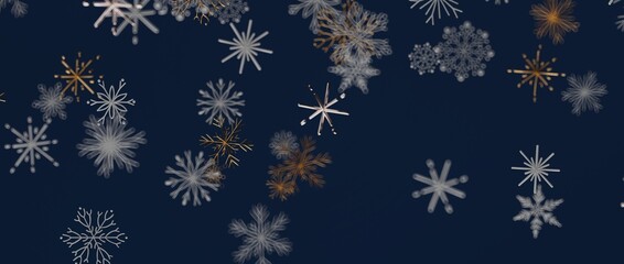 Artistic illustration of snowflakes in gold and white against a deep blue backdrop, perfect for winter and hol